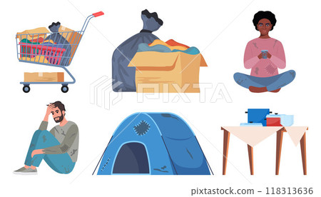 Homeless People live on the street, set of elements. Beggar character need help and work, sleeping on street, wearing ragged clothing, pick up garbage. Vector Illustration. 118313636