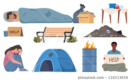 Homeless People live on the street, set of elements. Beggar character need help and work, sleeping on street, wearing ragged clothing, pick up garbage. Vector Illustration. 118313638