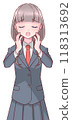 A schoolgirl in uniform laments with her hand on her cheek 118313692