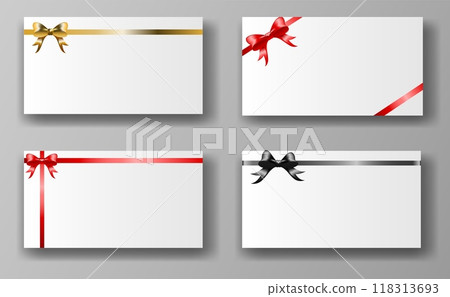 Four gift cards with bows in gold, red, and black on a gray background. Each card features a bow and ribbon, creating a festive and elegant appearance. Vector illustration Four gift cards with bows in gold, red, and black on a gray background. Each card features a bow and ribbon, creating a festive and elegant appearance. Vector illustration 118313693