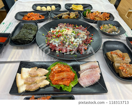 korean style raw beef octopus slice korean style raw beef octopus slice 118313713