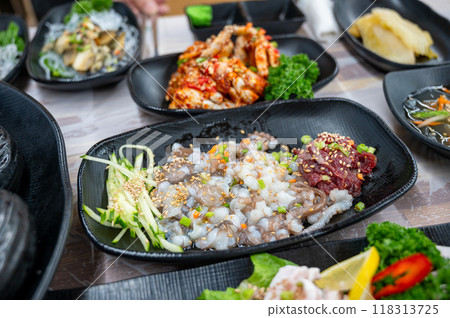 korean style raw beef octopus slice korean style raw beef octopus slice 118313725
