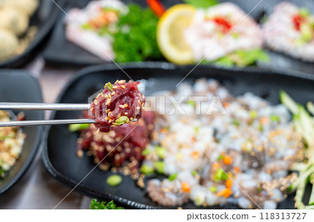 korean style raw beef octopus slice korean style raw beef octopus slice 118313727