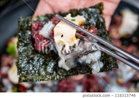 korean style raw beef octopus slice 118313746
