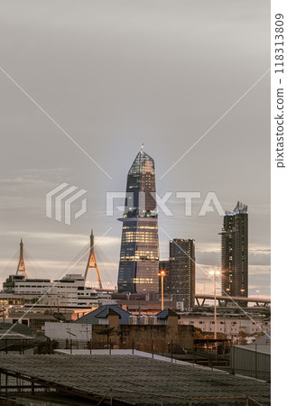 City view with KingBridge tower alongside the iconic landmark of Bhumibol Bridge. 118313809