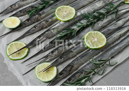 Fresh, Black Sea fish. raw, sargan, sea pike, top view, no people, 118313916