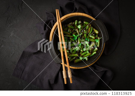fried bean pods, in soy sauce, with sesame seeds, homemade, no people, fried bean pods, in soy sauce, with sesame seeds, homemade, no people, 118313925