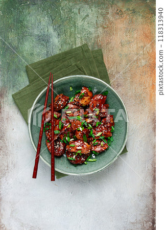 yakitori chicken kebab, on a plate, with green onions and sesame seeds, top view, no people, 118313940
