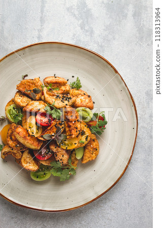 Salad, crispy eggplant in batter, with cherry, sesame seeds, olive oil, homemade, no people, Salad, crispy eggplant in batter, with cherry, sesame seeds, olive oil, homemade, no people, 118313964