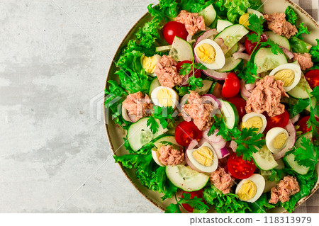 Tuna salad, vegetable salad with quail eggs, lettuce, red onion and cucumbers, on a light gray table, keto food, lifestyle, healthy eating, selective focus, top view, no people, Tuna salad, vegetable salad with quail eggs, lettuce, red onion and cucumbers, on a light gray table, keto food, lifestyle, healthy eating, selective focus, top view, no people, 118313979