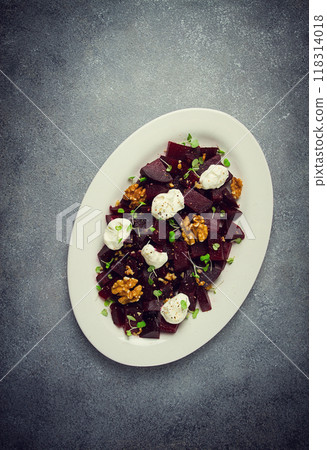 beetroot salad with nuts, cream cheese and micro greenery, homemade, no people, beetroot salad with nuts, cream cheese and micro greenery, homemade, no people, 118314018