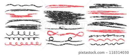 Hand drawn wavy strokes with black and red marker. Decorative vector graphic elements. Brush strokes and pencil strokes. Typographic strokes and stroke tails. Hand drawn wavy strokes with black and red marker. Decorative vector graphic elements. Brush strokes and pencil strokes. Typographic strokes and stroke tails. 118314030