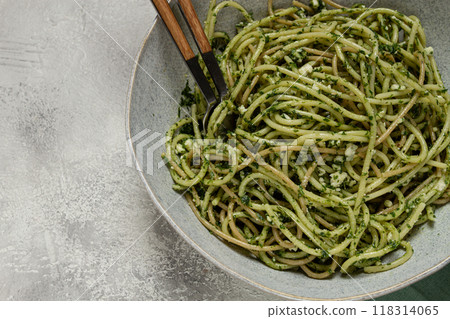 spaghetti with pesto sauce, homemade, no people, spaghetti with pesto sauce, homemade, no people, 118314065
