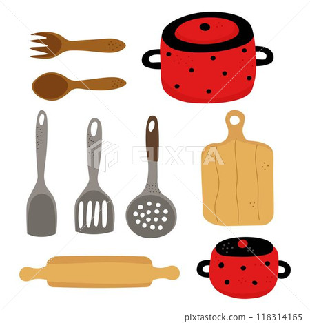Kitchen doodle set illustration featuring spoons, spatulas, pots, cutting board, and rolling pin 118314165