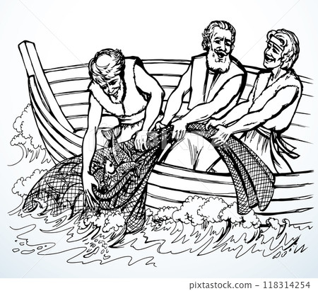 Vector drawing. Three men in the boat 118314254