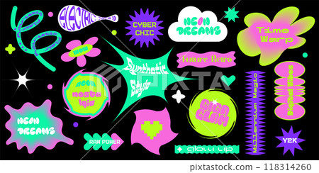 Y2k neon stickers templates set. Groovy bright retro branding stickers collection. Cool future retro brutalism quotes. Vector illustration. Y2k neon stickers templates set. Groovy bright retro branding stickers collection. Cool future retro brutalism quotes. Vector illustration. 118314260