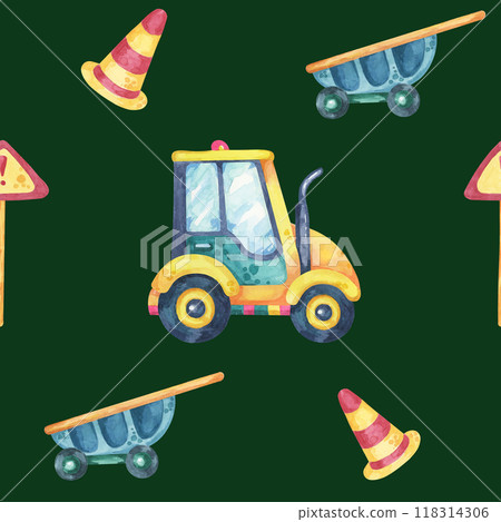 Yellow green tractor, blue wheelbarrows, striped road cones, and red traffic signs. Seamless pattern, watercolor clipart, cartoon style. Suitable for nursery decor, wrapping paper, and kids clothing Yellow green tractor, blue wheelbarrows, striped road cones, and red traffic signs. Seamless pattern, watercolor clipart, cartoon style. Suitable for nursery decor, wrapping paper, and kids clothing 118314306