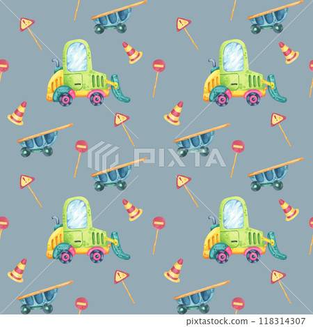 Green vehicle, blue wheelbarrows, striped road cones, and red traffic signs on grey background. Seamless pattern, watercolor clipart, cartoon style for kids room decor, fabric prints, and stationery Green vehicle, blue wheelbarrows, striped road cones, and red traffic signs on grey background. Seamless pattern, watercolor clipart, cartoon style for kids room decor, fabric prints, and stationery 118314307