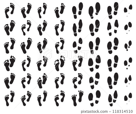 Various prints of shoes and human feet on a white background Various prints of shoes and human feet on a white background 118314510