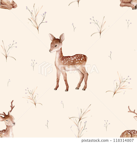 Watercolor seamless pattern with deer and beige leafs. Cute childrens repeat wallpaper muted color with forest animals. Berries and leaves isolated on background. Hand painted illustration 118314807