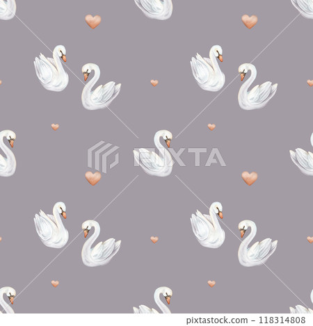 Watercolor seamless pattern with couple of cute swans in love. Hand painted illustration isolated on grey violet background. For textile of white pastel colors bird and red hearts. Watercolor seamless pattern with couple of cute swans in love. Hand painted illustration isolated on grey violet background. For textile of white pastel colors bird and red hearts. 118314808
