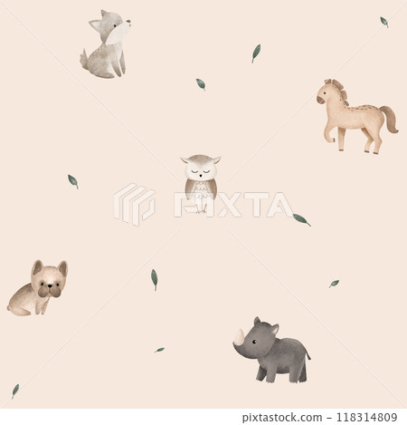 Seamless pattern with cartoon animals . Hand drawn illustration of beige French Bulldog and horse. Repeat pattern animal of grey color wolf and owl and green leaves. Children's dark grey rhinoceros. 118314809