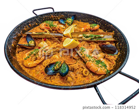 Traditional Spanish seafood dish called Paella Traditional Spanish seafood dish called Paella 118314952