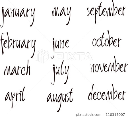 Set Vector Lettering 12 Months. Collection handwritten modern black outline. English name of the month year. 118315007