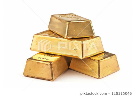 Pile of gold bars. Gleaming stack of gold bars isolated on white background 118315046
