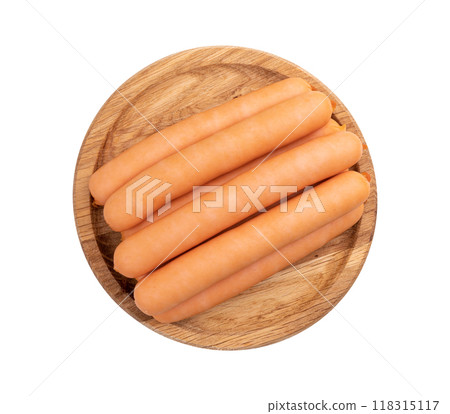 fresh boiled sausages on wooden plate isolated 118315117
