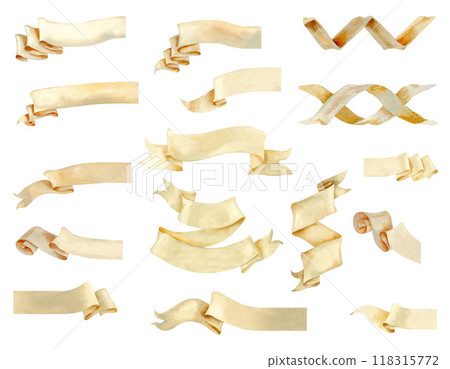 Set of paper beige ribbon banners and ornament elements for decorative text. Watercolor illustration of a vintage scroll, manuscript. Rolled paper templates in pastel beige and brown colors Set of paper beige ribbon banners and ornament elements for decorative text. Watercolor illustration of a vintage scroll, manuscript. Rolled paper templates in pastel beige and brown colors 118315772