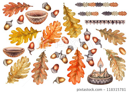 Autumn colorful orange, brown oak leaves, acorns, vases, candle, ornaments. Set of hand-drawn watercolor illustrations. Texture of natural foliage, acorns for Harvest festival,Thanksgiving, Halloween Autumn colorful orange, brown oak leaves, acorns, vases, candle, ornaments. Set of hand-drawn watercolor illustrations. Texture of natural foliage, acorns for Harvest festival,Thanksgiving, Halloween 118315781