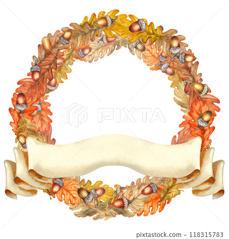 Wreath of autumn orange, brown oak leaves, acorns with banner. Watercolor illustration of drawn round frame template. Texture of natural foliage, acorns for harvest festival, Thanksgiving, Halloween Wreath of autumn orange, brown oak leaves, acorns with banner. Watercolor illustration of drawn round frame template. Texture of natural foliage, acorns for harvest festival, Thanksgiving, Halloween 118315783
