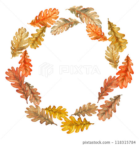 Wreath of autumn colorful orange, brown oak leaves. Watercolor illustration of hand drawn round frame template. Texture of natural foliage, acorns for harvest festival, Thanksgiving, Halloween Wreath of autumn colorful orange, brown oak leaves. Watercolor illustration of hand drawn round frame template. Texture of natural foliage, acorns for harvest festival, Thanksgiving, Halloween 118315784