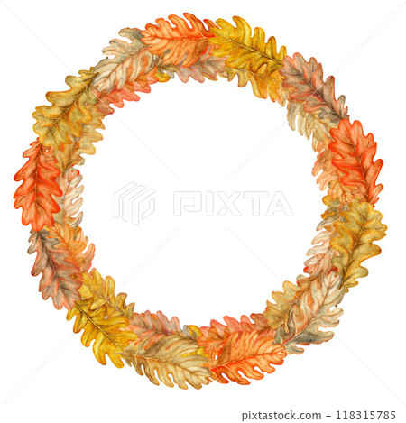 Wreath of autumn colorful orange, brown oak leaves. Watercolor illustration of hand drawn round frame template. Texture of natural foliage, acorns for harvest festival, Thanksgiving, Halloween Wreath of autumn colorful orange, brown oak leaves. Watercolor illustration of hand drawn round frame template. Texture of natural foliage, acorns for harvest festival, Thanksgiving, Halloween 118315785