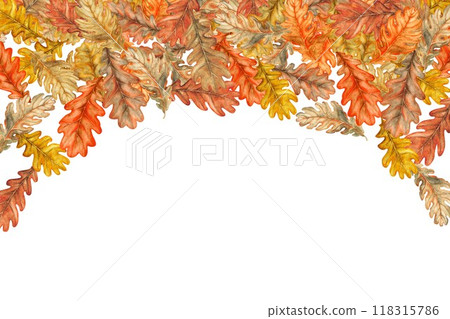 Frame with a border of autumn oak leaves. Watercolor botanical illustration. Template with foliage Frame with a border of autumn oak leaves. Watercolor botanical illustration. Template with foliage 118315786