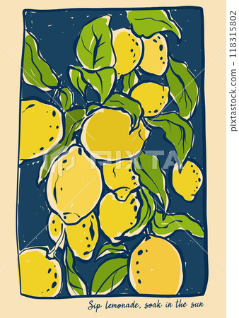 Vector lemon poster with Mediterranean fruits. Hand-drawn fresh linear card isolated on black background. Tasty food illustration for design, print, fabric or background. Vector lemon poster with Mediterranean fruits. Hand-drawn fresh linear card isolated on black background. Tasty food illustration for design, print, fabric or background. 118315802