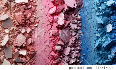 Crushed eyeshadows in vibrant blue and pink shades creating a colorful, textured pattern 118316008