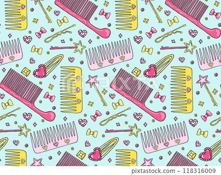 Vector seamless pattern with hairbrush and clip, hair salon texture, cute head accessories hairdo fabric 118316009