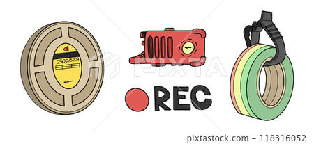 filmmaking line art doodle set - vintage film reel, walkie talk filmmaking line art doodle set - vintage film reel, walkie talk 118316052