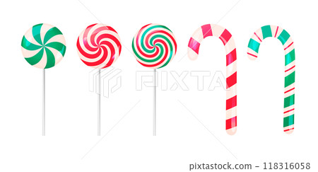 Christmas sweets, candy cane and lollipops vector set. Isolated illustrations of traditional striped candies, winter holiday sweet treat Christmas sweets, candy cane and lollipops vector set. Isolated illustrations of traditional striped candies, winter holiday sweet treat 118316058