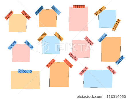 Note papers set. Vector illustrations of blank colorful sticky notes with adhesive tapes. Memo stickers, to do reminders. Isolated elements, education or business supplies in cute hand drawn style Note papers set. Vector illustrations of blank colorful sticky notes with adhesive tapes. Memo stickers, to do reminders. Isolated elements, education or business supplies in cute hand drawn style 118316060