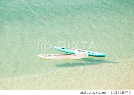 站立槳板漂浮在海灘上 站立槳板漂浮在海灘上 118316743