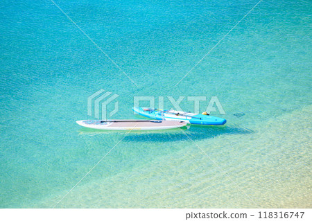 站立槳板漂浮在海灘上 118316747
