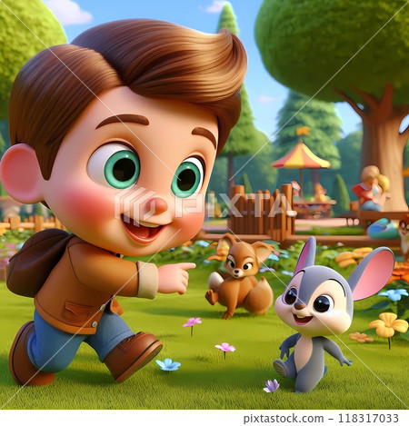 3d cartoon character of little boy playing in the park 3d cartoon character of little boy playing in the park 118317033