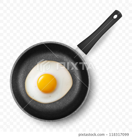 Vector 3d Realistic Fried Egg in the Black Frying Pan, Closeup Isolated, Top View. Design Template of Scrambled Eggs, Fried Egg, Omelette. Delicious Breakfast, Food, Culinary Concept Vector 3d Realistic Fried Egg in the Black Frying Pan, Closeup Isolated, Top View. Design Template of Scrambled Eggs, Fried Egg, Omelette. Delicious Breakfast, Food, Culinary Concept 118317099