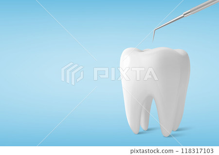 Vector 3d Realistic Tooth and Dental Probe for Teeth Closeup Isolated on Blue Background. Medical Dentist Tool. Design Template, Clipart, Mockup. Dentistry, Healthcare, Hygiene Concept 118317103