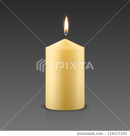 Vector 3D Realistic Paraffin Wax Burning Party Spa Candle and Burning Flame Closeup. Candle, Candle Flame Design Template for Relaxation, Wellness and Celebration Concept, Front View Vector 3D Realistic Paraffin Wax Burning Party Spa Candle and Burning Flame Closeup. Candle, Candle Flame Design Template for Relaxation, Wellness and Celebration Concept, Front View 118317105
