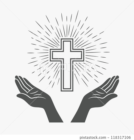 Black and White Open Hands with Cross and Divine Light, Symbol of Faith and Prayer. Design Template for Church Logo. Prayer, Religion Concept Monochrome Cut Out Silhouette Icon. Vector Illustration Black and White Open Hands with Cross and Divine Light, Symbol of Faith and Prayer. Design Template for Church Logo. Prayer, Religion Concept Monochrome Cut Out Silhouette Icon. Vector Illustration 118317106