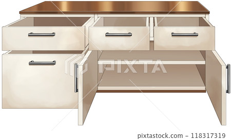 Kitchen cabinet with open drawers and doors 118317319